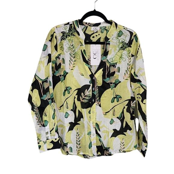 CC Chic Connections Top L Green Floral Button Up Roll Tab Sleeve 100% Cotton NWT - Picture 1 of 5